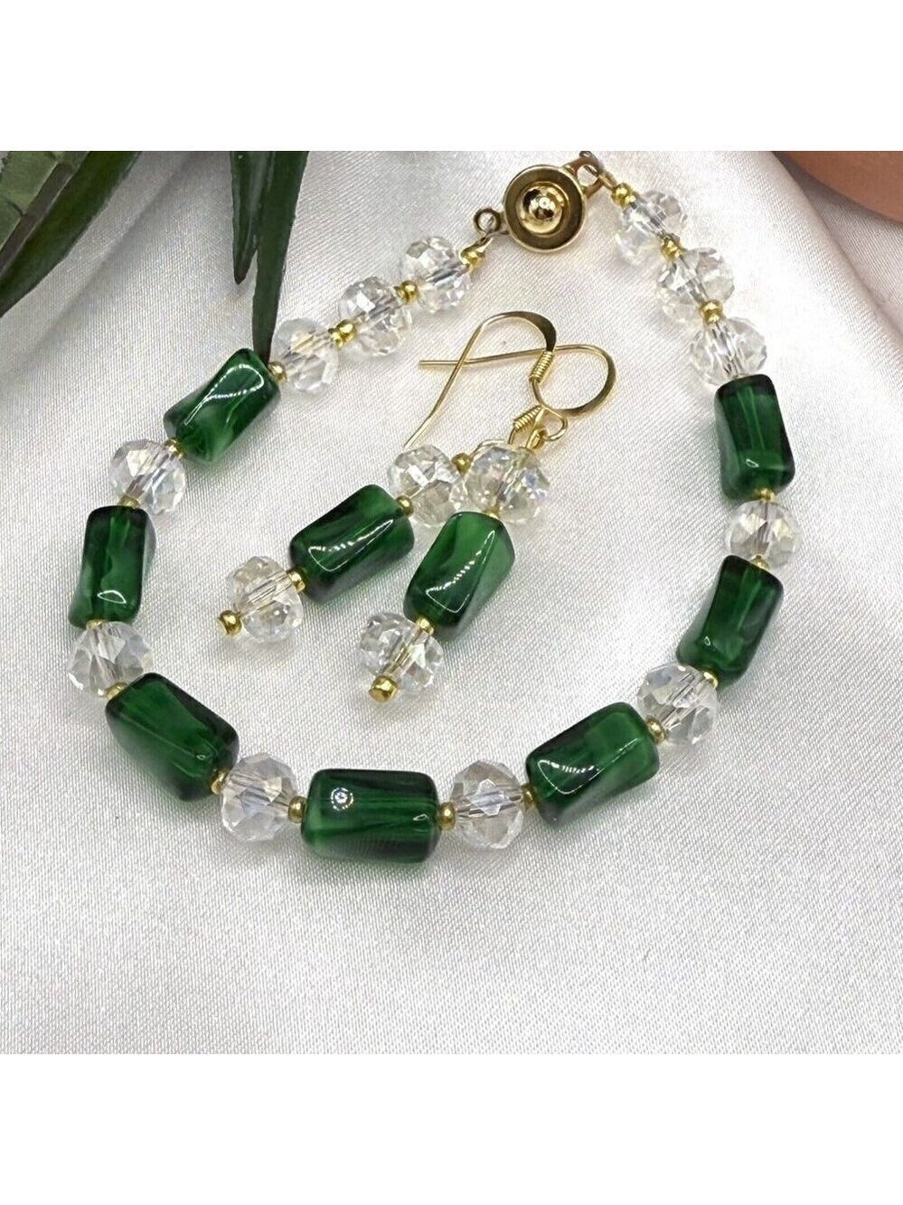 Reimagined Green Glass Crystal Bead Bracelet Earring Set